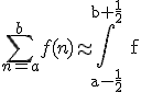 3$ \Bigsum_{n=a}^b~f(n)\approx \rm \Bigint_{a-\frac{1}{2}}^{b+\frac{1}{2}} f